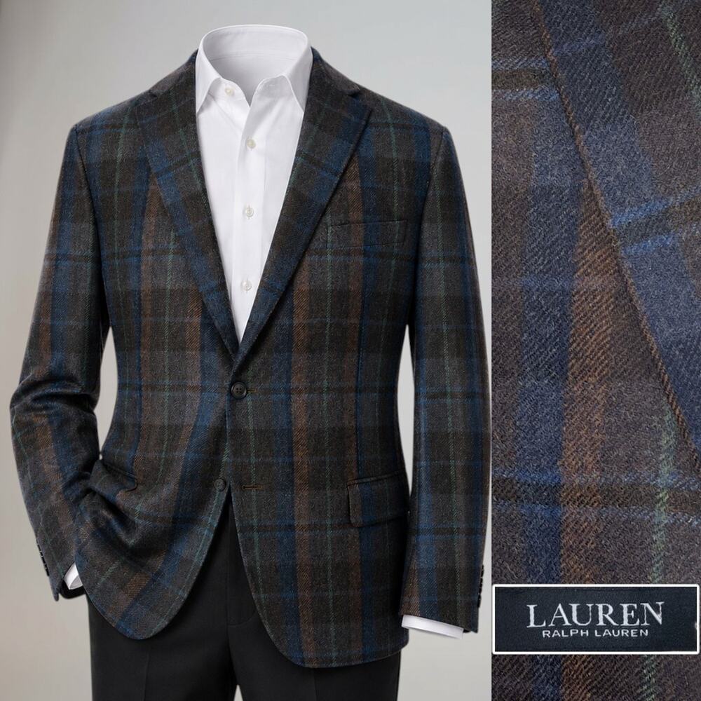 Ralph Lauren LRL Sport Coat 46-48L Blue Rust Brown Gray Plaid Brushed Wool Mint